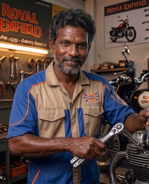 Experienced Spanner Moto mechanic in workshop uniform at our Chennai motorcycle service centre — certified bike care with genuine tools and expertise